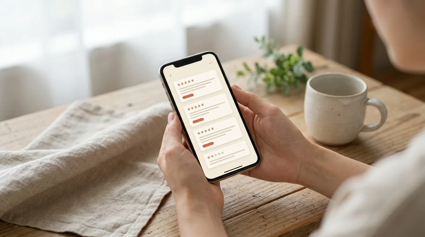 スマートフォンで口コミを確認する手元